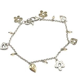 Brighton Flowers Hearts Charms *Rare* Gold Silver Bracelet Anklet Adjustable 10”